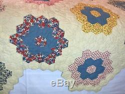 Vtg Handmade Patchwork Feedsack Quilt Honeycomb Hexagon Flowers Full Queen Twin