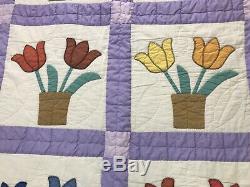 Vtg Handmade Patchwork Quilt Twin Bedspread Throw Blanket Tulip Flowers Purple +