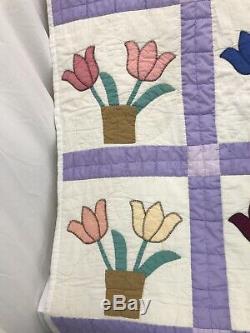 Vtg Handmade Patchwork Quilt Twin Bedspread Throw Blanket Tulip Flowers Purple +