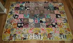 Vtg. Handmade QUILT COVERLET floral fabric GORGEOUS rare 66x98 Twin patchwork