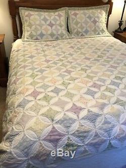 Vtg Handmade Queen Patchwork Quilt Set Pillow Shams Pastels Pink Green Diamonds