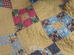 Vtg Handmade Quilt NINE PATCH 1930s Green/Yellow Vibrant Multi Color One Owner