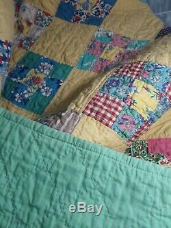 Vtg Handmade Quilt NINE PATCH 1930s Green/Yellow Vibrant Multi Color One Owner