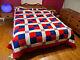 Vtg Handmade Red White Blue Quilt 60s 70s Polyester Colorful Mod Matching Shams