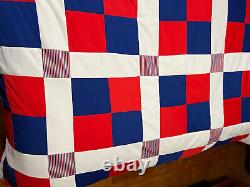 Vtg Handmade RED WHITE BLUE Quilt 60s 70s Polyester Colorful Mod matching Shams