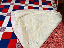 Vtg Handmade RED WHITE BLUE Quilt 60s 70s Polyester Colorful Mod matching Shams