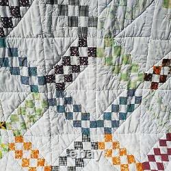 Vtg Handmade patchwork Queen quilt Small blocks Irish Chain 82x66
