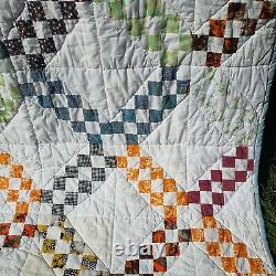 Vtg Handmade patchwork Queen quilt Small blocks Irish Chain 82x66