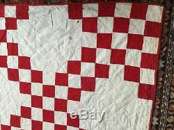 Vtg Handmade red and white quilt done in the block pattern 80 x 82
