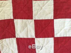 Vtg Handmade red and white quilt done in the block pattern 80 x 82