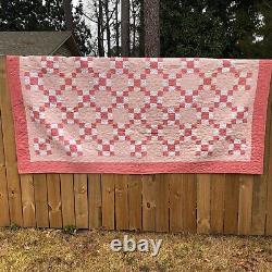 Vtg Homemade Pink Red Diamond Floral Quilt Queen 103x90 Cottage Core Farmhouse