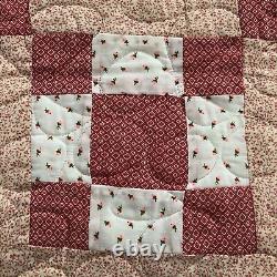 Vtg Homemade Pink Red Diamond Floral Quilt Queen 103x90 Cottage Core Farmhouse