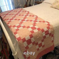 Vtg Homemade Pink Red Diamond Floral Quilt Queen 103x90 Cottage Core Farmhouse