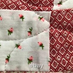 Vtg Homemade Pink Red Diamond Floral Quilt Queen 103x90 Cottage Core Farmhouse