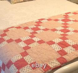 Vtg Homemade Pink Red Diamond Floral Quilt Queen 103x90 Cottage Core Farmhouse