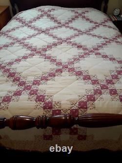 Vtg Irish Chain QUILT Hand Quilted Pink Mauve Cotton Calico & Muslin 88 x 88