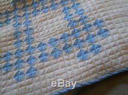 Vtg Light Blue/White Postage Stamp Quilt-Twin Size-Handmade-Hand Quilted-102x64