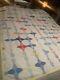 Vtg Old Textile Summer Quilt Patchwork 4 Pt Star, 77 By 68, Hand Sewn Coverlet