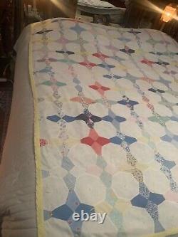 Vtg Old Textile Summer Quilt Patchwork 4 Pt Star, 77 By 68, Hand sewn Coverlet