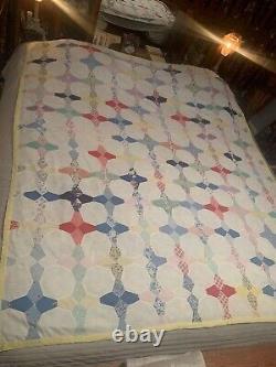 Vtg Old Textile Summer Quilt Patchwork 4 Pt Star, 77 By 68, Hand sewn Coverlet