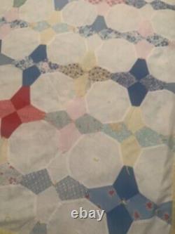 Vtg Old Textile Summer Quilt Patchwork 4 Pt Star, 77 By 68, Hand sewn Coverlet