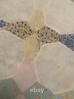 Vtg Old Textile Summer Quilt Patchwork 4 Pt Star, 77 By 68, Hand sewn Coverlet