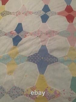 Vtg Old Textile Summer Quilt Patchwork 4 Pt Star, 77 By 68, Hand sewn Coverlet