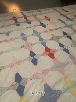 Vtg Old Textile Summer Quilt Patchwork 4 Pt Star, 77 By 68, Hand sewn Coverlet