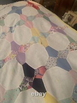 Vtg Old Textile Summer Quilt Patchwork 4 Pt Star, 77 By 68, Hand sewn Coverlet