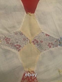 Vtg Old Textile Summer Quilt Patchwork 4 Pt Star, 77 By 68, Hand sewn Coverlet