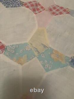 Vtg Old Textile Summer Quilt Patchwork 4 Pt Star, 77 By 68, Hand sewn Coverlet