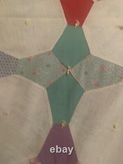 Vtg Old Textile Summer Quilt Patchwork 4 Pt Star, 77 By 68, Hand sewn Coverlet