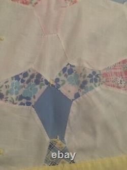 Vtg Old Textile Summer Quilt Patchwork 4 Pt Star, 77 By 68, Hand sewn Coverlet