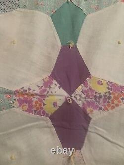 Vtg Old Textile Summer Quilt Patchwork 4 Pt Star, 77 By 68, Hand sewn Coverlet