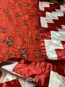 Vtg Ooak Rare Satin Quilt Chinese Theme Dragon Temple