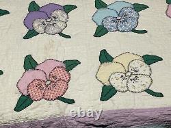 Vtg Pansies Patchwork Flower Quilt Handmade Pink Blue Purple Embroidered 76x77