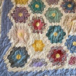 Vtg Patchwork Quilt Grandmother's Flower Garden Hand Stitched Unfinished 106x86