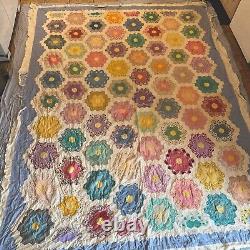 Vtg Patchwork Quilt Grandmother's Flower Garden Hand Stitched Unfinished 106x86