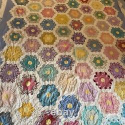 Vtg Patchwork Quilt Grandmother's Flower Garden Hand Stitched Unfinished 106x86