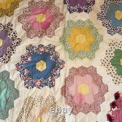 Vtg Patchwork Quilt Grandmother's Flower Garden Hand Stitched Unfinished 106x86