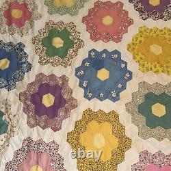 Vtg Patchwork Quilt Grandmother's Flower Garden Hand Stitched Unfinished 106x86