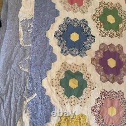 Vtg Patchwork Quilt Grandmother's Flower Garden Hand Stitched Unfinished 106x86