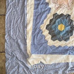 Vtg Patchwork Quilt Grandmother's Flower Garden Hand Stitched Unfinished 106x86