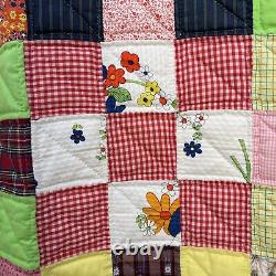Vtg Patchwork Summer Quilt Hand Quilted Lime Green Binding Cream Back 57 x 82