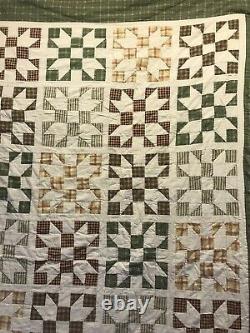 Vtg Queen Handmade Patchwork Quilt Sawtooth Star Bedspread, Rustic, Wall Hanging