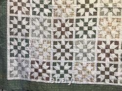 Vtg Queen Handmade Patchwork Quilt Sawtooth Star Bedspread, Rustic, Wall Hanging