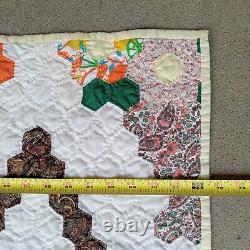 Vtg Quilt Flower Basket 72x80 Hexagon Multicolor Hand Sewn Bouquet Light READ