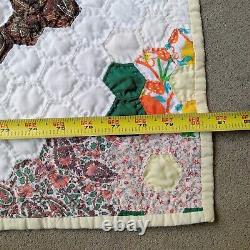 Vtg Quilt Flower Basket 72x80 Hexagon Multicolor Hand Sewn Bouquet Light READ