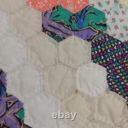 Vtg Quilt Flower Basket 72x80 Hexagon Multicolor Hand Sewn Bouquet Light READ