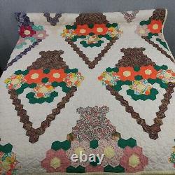 Vtg Quilt Flower Basket 72x80 Hexagon Multicolor Hand Sewn Bouquet Light READ